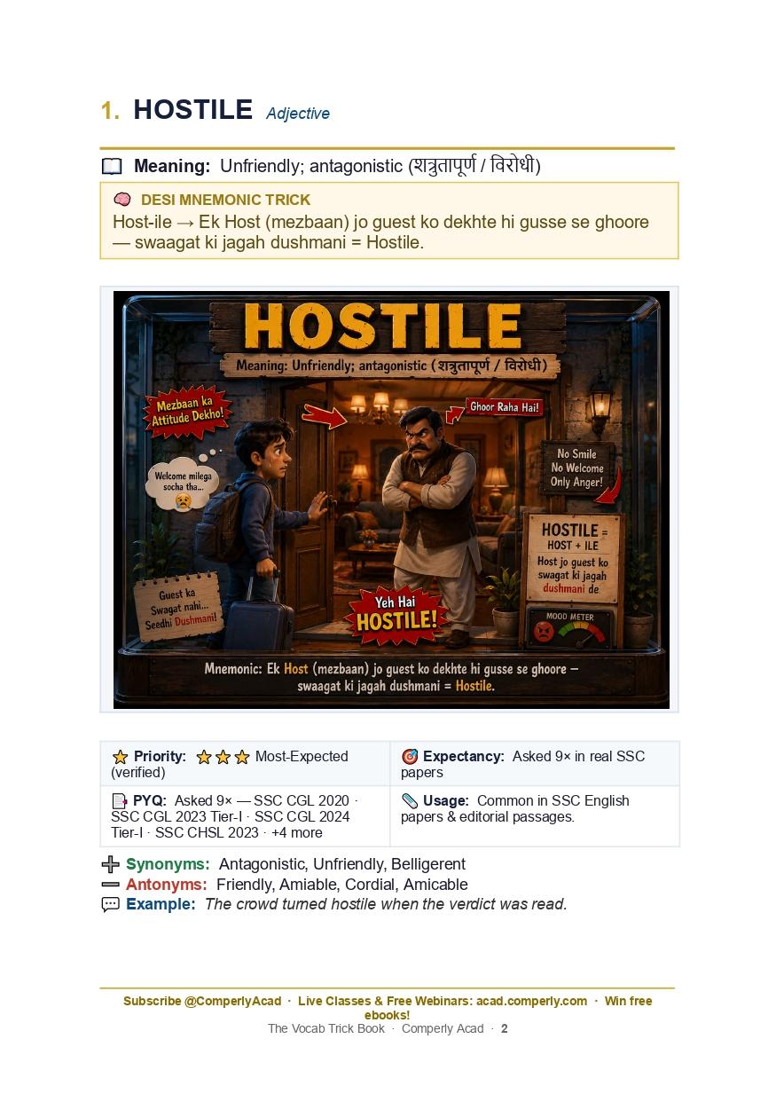 HOSTILE — Adjective. Page 1 of the Comperly vocabulary sample.